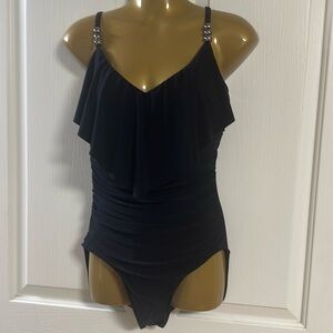MAGIC SUIT Black V Neck with Beads Sz 10 Slimming One Piece